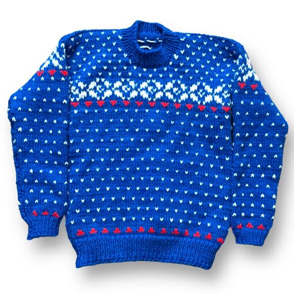 Vintage Handmade Sweater Blue White Red Fair Aisle Hearts Long Sleeve Crewneck - Picture 1 of 8